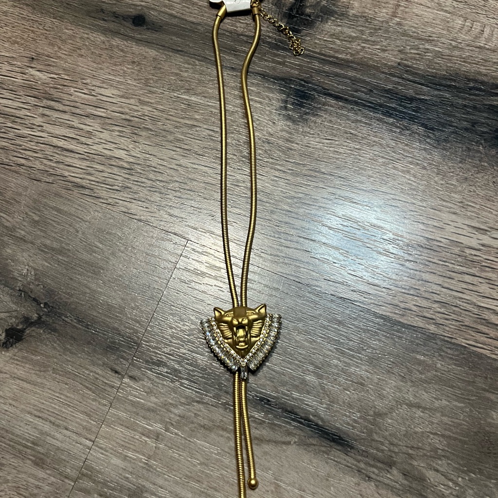 Nwt Gold Lion Head Lariat Necklace With Crystal Accents Includes Black Dust Bag 16$